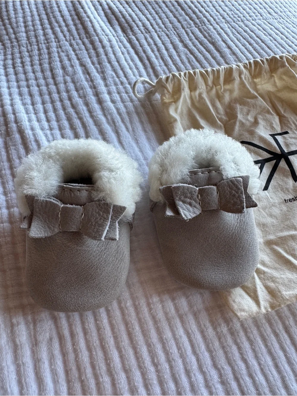 Freshly Picked Gray Leather Baby Moccasins with Shearling Cuff and Bow